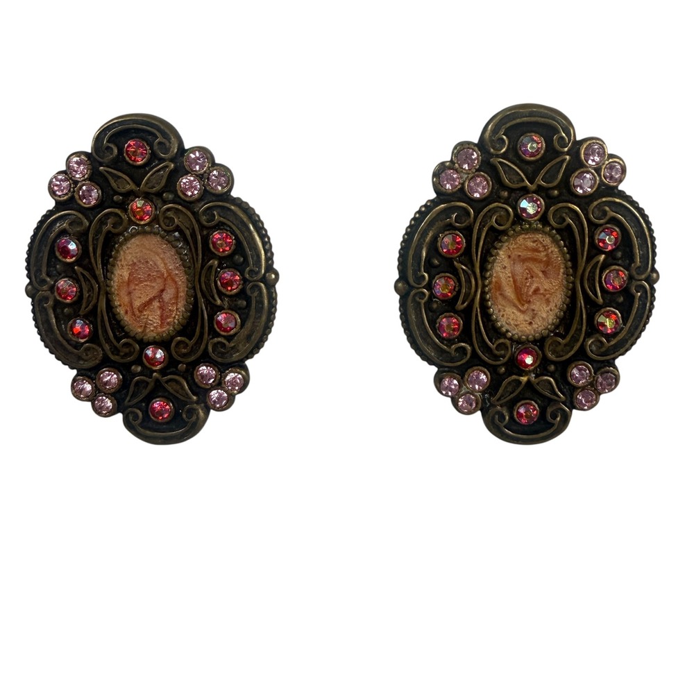 Vintage Style Bronze Tone Pink Rhinestone Filigree Oval Stud Earrings AB Accents